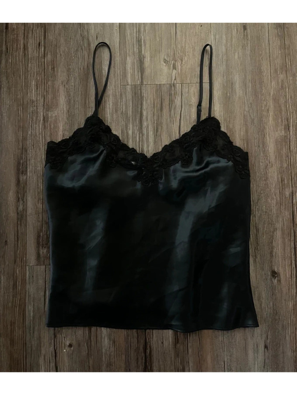 Vintage Victoria's Secret Black Satin Cami Lace Trim M Y2K